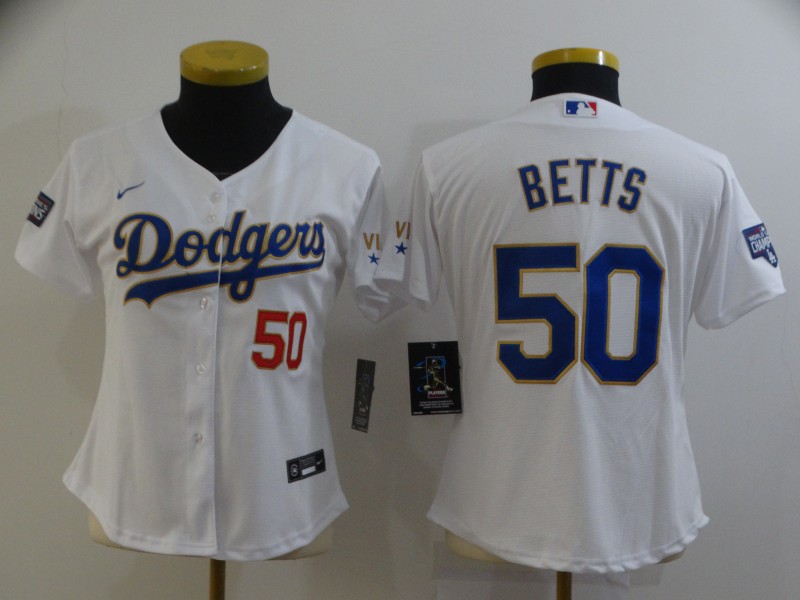 Los Angeles Dodgers BETTS #50 White Champion Women MLB Jersey 02