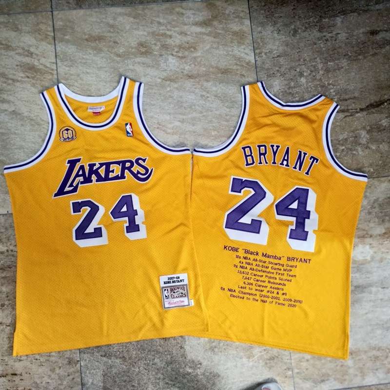 2007/08 Los Angeles Lakers BRYANT #24 Yellow Classics Basketball Jersey 2 (Closely Stitched)