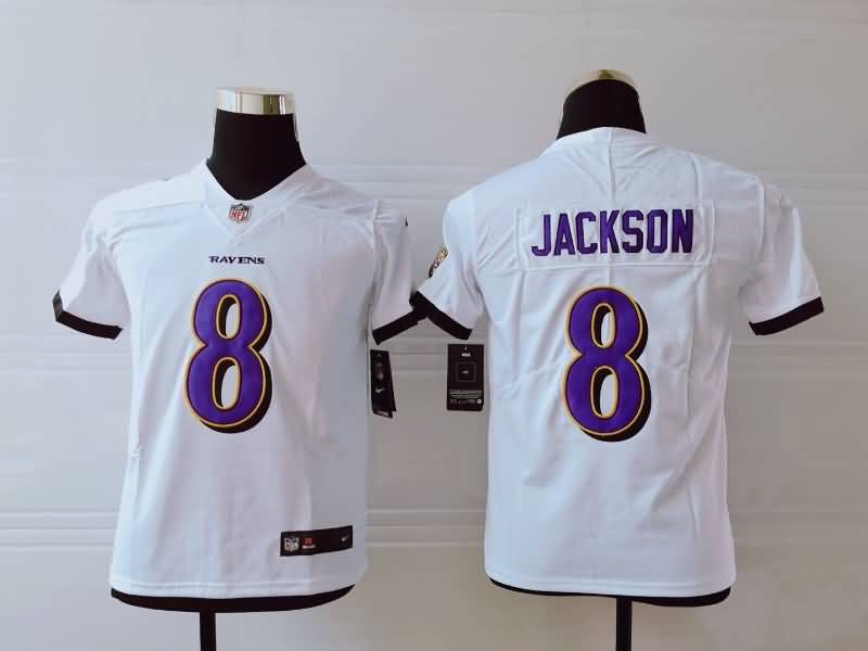 Kids Baltimore Ravens JACKSON #8 White NFL Jersey