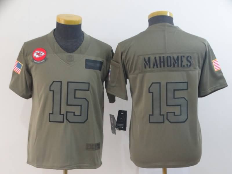 Kids Kansas City Chiefs MAHOMES #15 Olive Salute To Service NFL Jersey