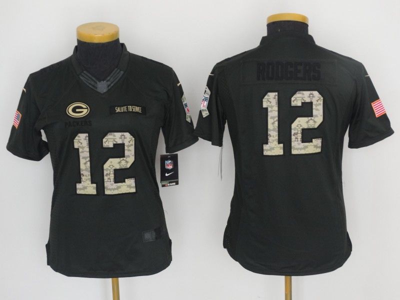 Green Bay Packers RODGERS #12 Olive Salute To Service Women NFL Jersey 04