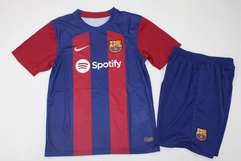23/24 Barcelona Home Kids Soccer Jersey And Shorts