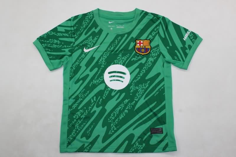 24/25 Barcelona Goalkeeper Green Kids Soccer Jersey And Shorts Sponsor