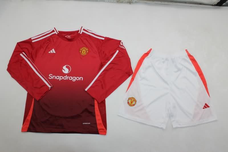 24/25 Manchester United Home Long Sleeve Kids Soccer Jersey And Shorts