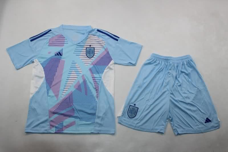 2024 Spain Goalkeeper Blue Kids Soccer Jersey And Shorts