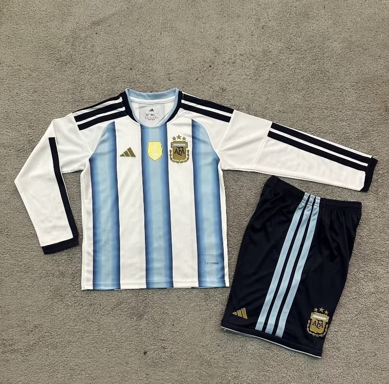 2026 Argentina World Cup Home Long Sleeve Kids Soccer Jersey And Shorts 2026 Argentina World Cup Home Long Sleeve Kids Soccer Jersey And Shorts
