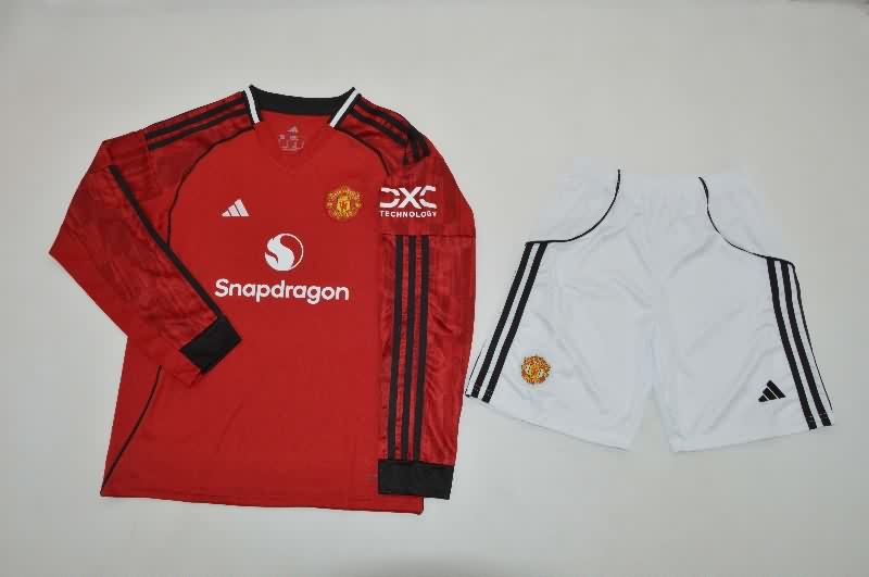 25/26 Manchester United Home Long Sleeve Kids Soccer Jersey And Shorts 25/26 Manchester United Home Long Sleeve Kids Soccer Jersey And Shorts