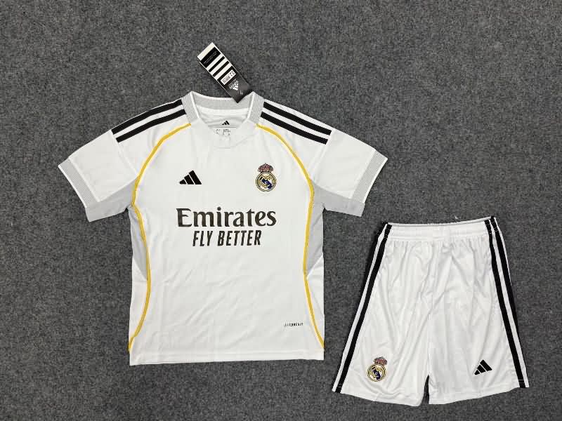 25/26 Real Madrid Home Kids Soccer Jersey And Shorts Leaked